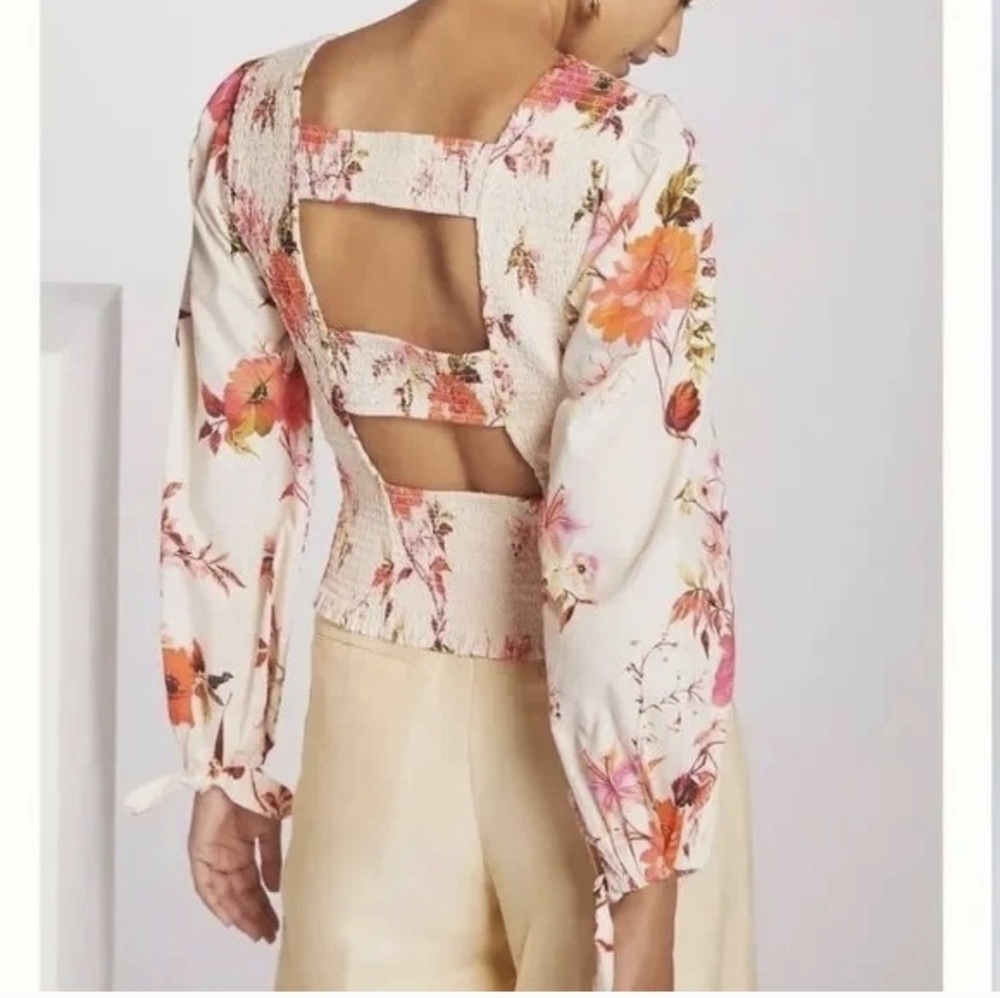 Anthropologie Smocked Cream Floral Cutout-Back Long Sleeve Top Size S.